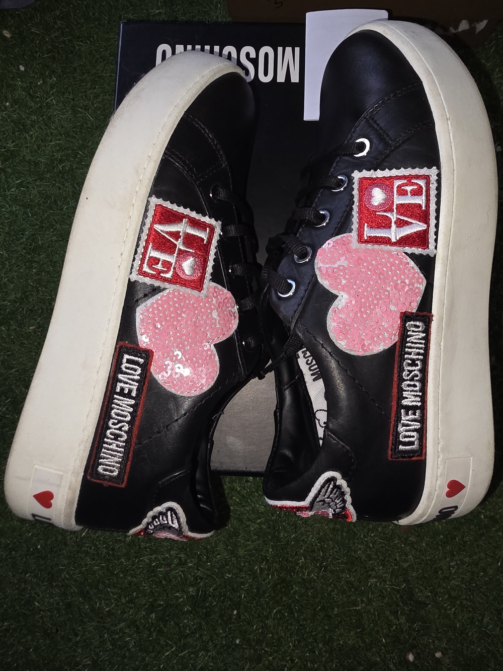 Love Moschino Kids Black Sneakers with Pink Heart Patches